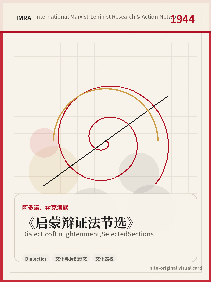 启蒙辩证法节选 站内资料视觉卡，包含作者、年份和主题意象。 / Dialectic of Enlightenment, Selected Sections site-generated reference visual card with author, year, and thematic imagery.