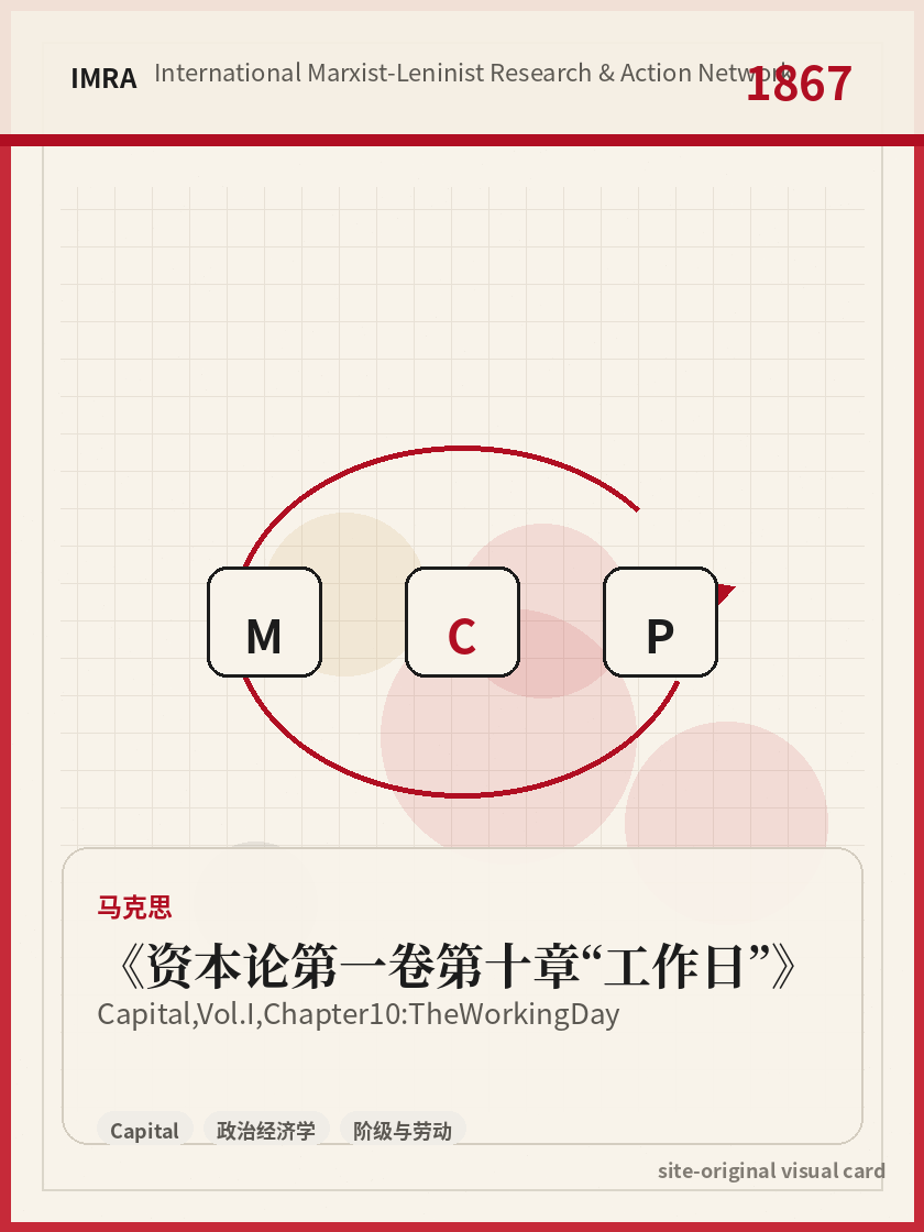 资本论第一卷第十章“工作日” 站内资料视觉卡，包含作者、年份和主题意象。 / Capital, Vol. I, Chapter 10: The Working Day site-generated reference visual card with author, year, and thematic imagery.