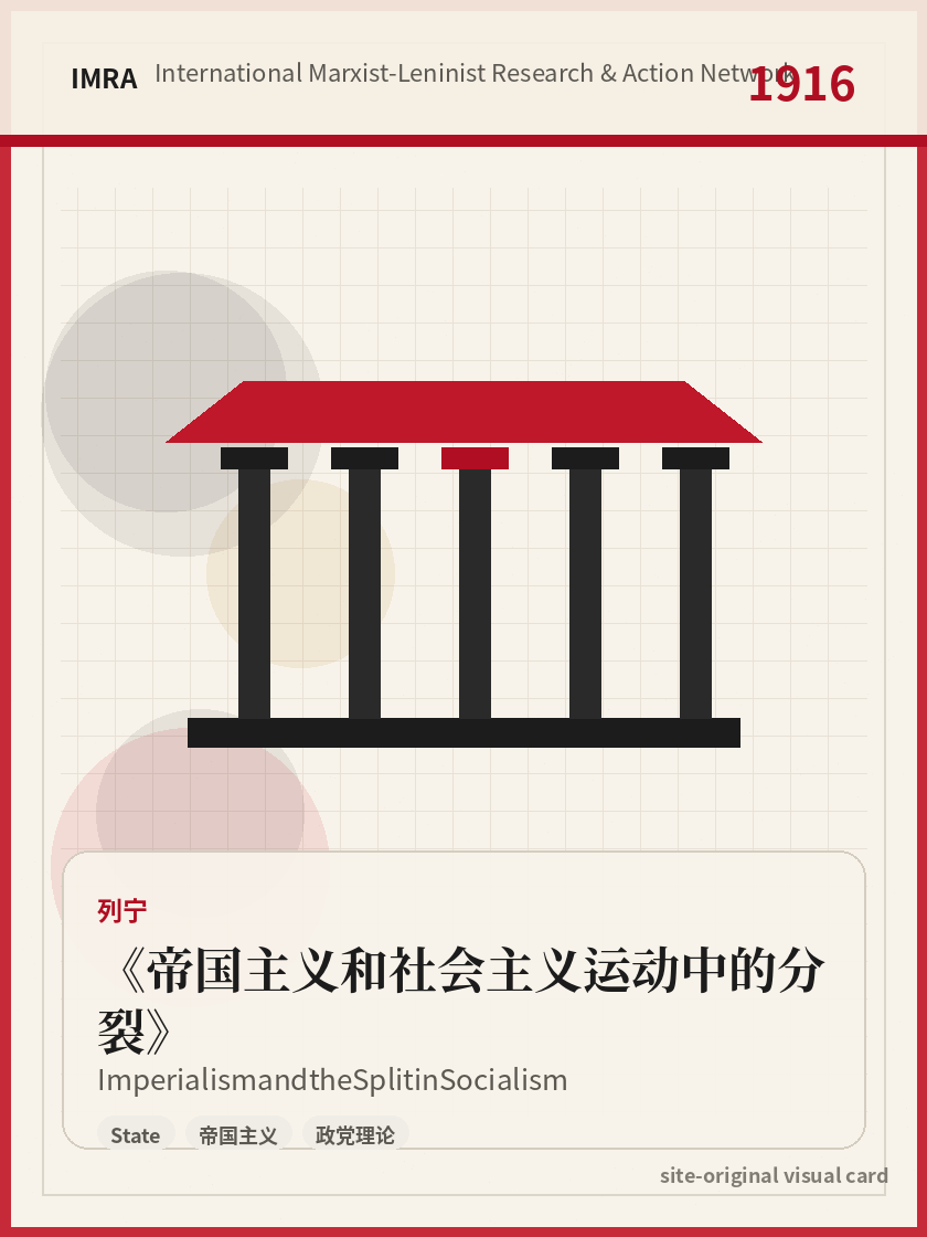 帝国主义和社会主义运动中的分裂 站内资料视觉卡，包含作者、年份和主题意象。 / Imperialism and the Split in Socialism site-generated reference visual card with author, year, and thematic imagery.