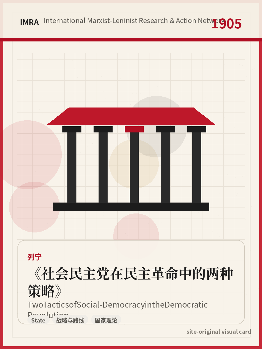 社会民主党在民主革命中的两种策略 站内资料视觉卡，包含作者、年份和主题意象。 / Two Tactics of Social-Democracy in the Democratic Revolution site-generated reference visual card with author, year, and thematic imagery.