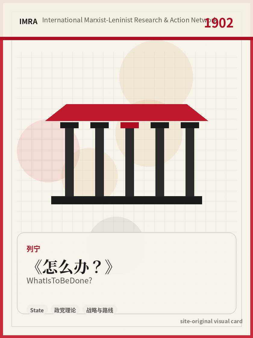 怎么办？ 站内资料视觉卡，包含作者、年份和主题意象。 / What Is To Be Done? site-generated reference visual card with author, year, and thematic imagery.