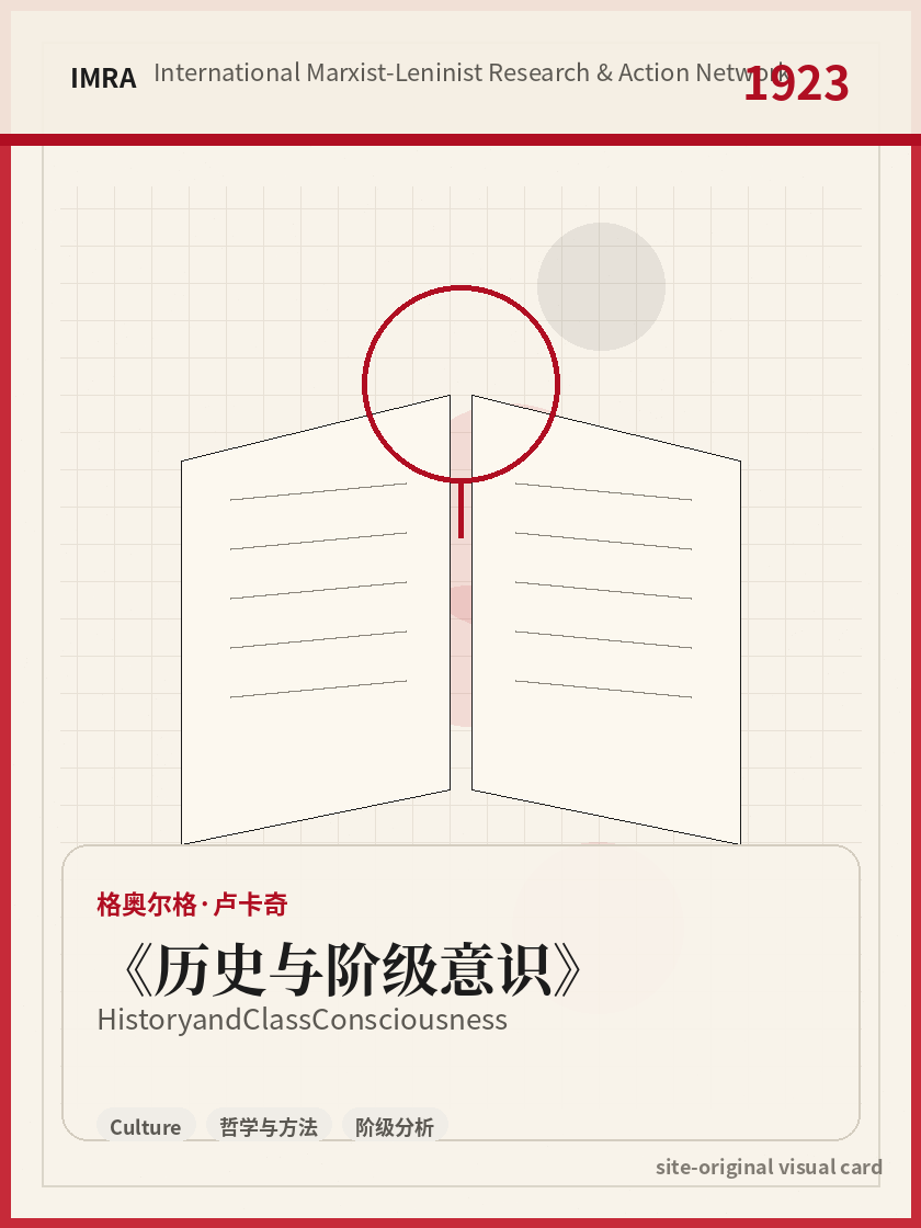 历史与阶级意识 站内资料视觉卡，包含作者、年份和主题意象。 / History and Class Consciousness site-generated reference visual card with author, year, and thematic imagery.