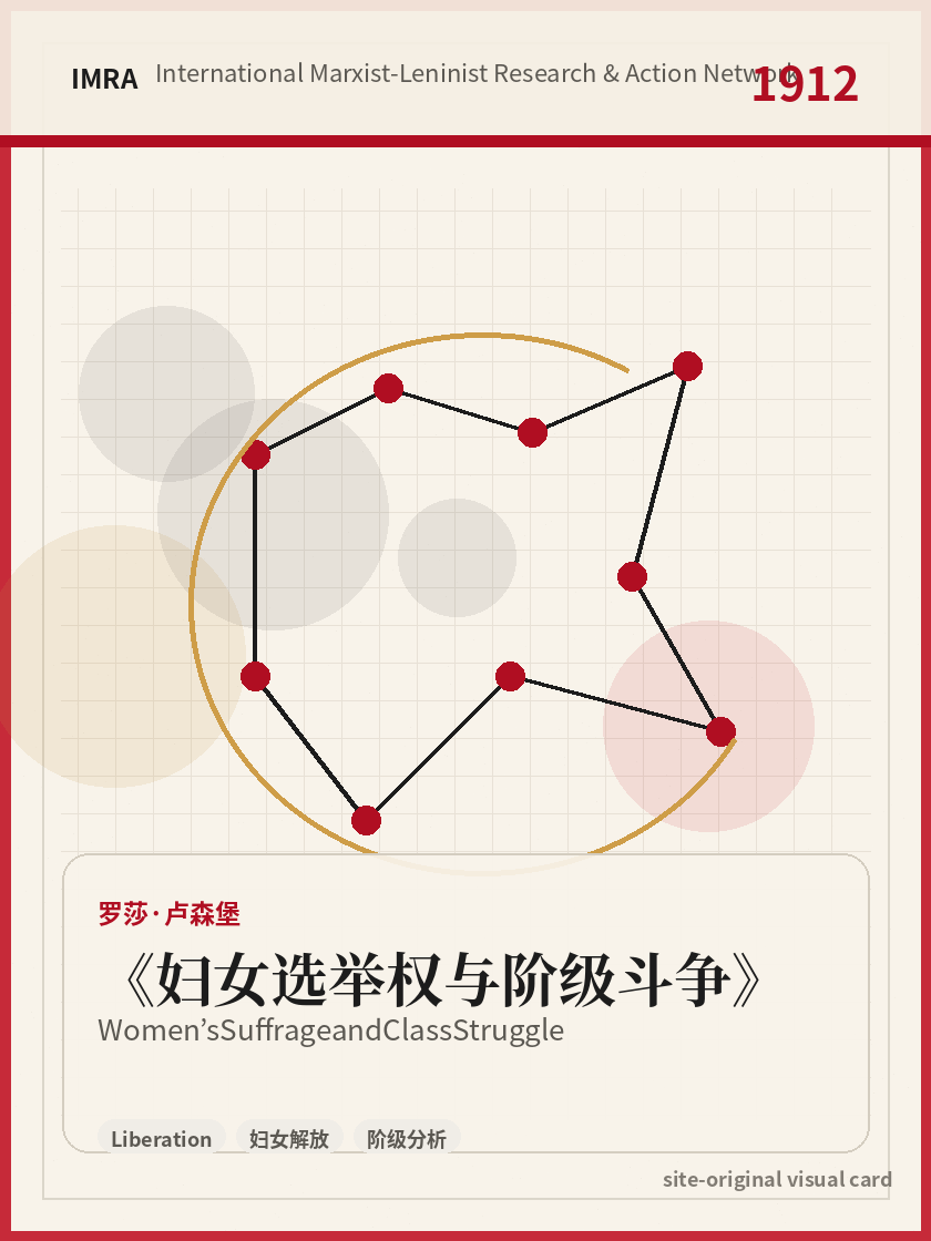 妇女选举权与阶级斗争 站内资料视觉卡，包含作者、年份和主题意象。 / Women’s Suffrage and Class Struggle site-generated reference visual card with author, year, and thematic imagery.