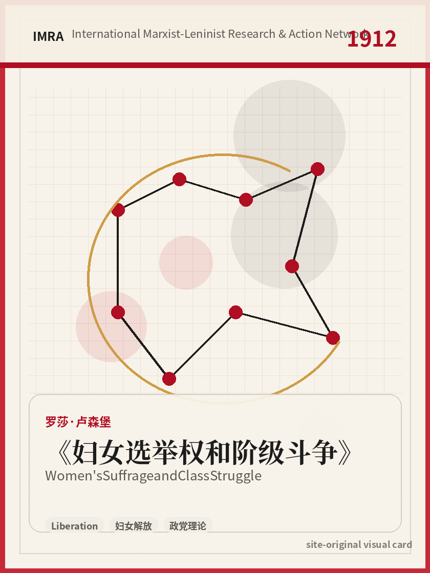 妇女选举权和阶级斗争 站内资料视觉卡，包含作者、年份和主题意象。 / Women's Suffrage and Class Struggle site-generated reference visual card with author, year, and thematic imagery.