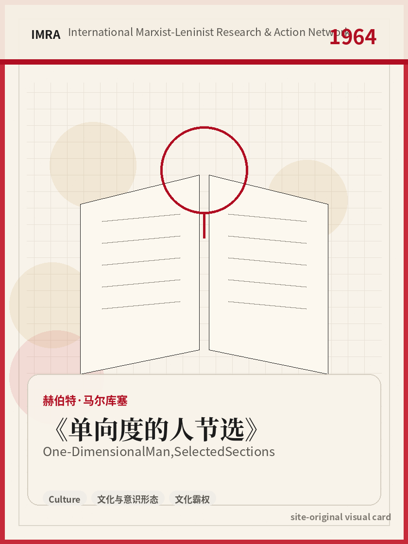 单向度的人节选 站内资料视觉卡，包含作者、年份和主题意象。 / One-Dimensional Man, Selected Sections site-generated reference visual card with author, year, and thematic imagery.