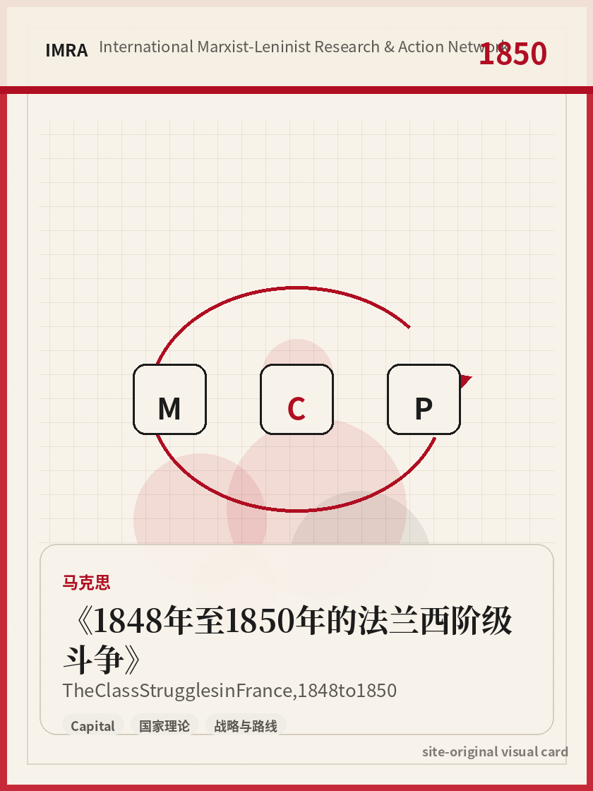 1848年至1850年的法兰西阶级斗争 站内资料视觉卡，包含作者、年份和主题意象。 / The Class Struggles in France, 1848 to 1850 site-generated reference visual card with author, year, and thematic imagery.