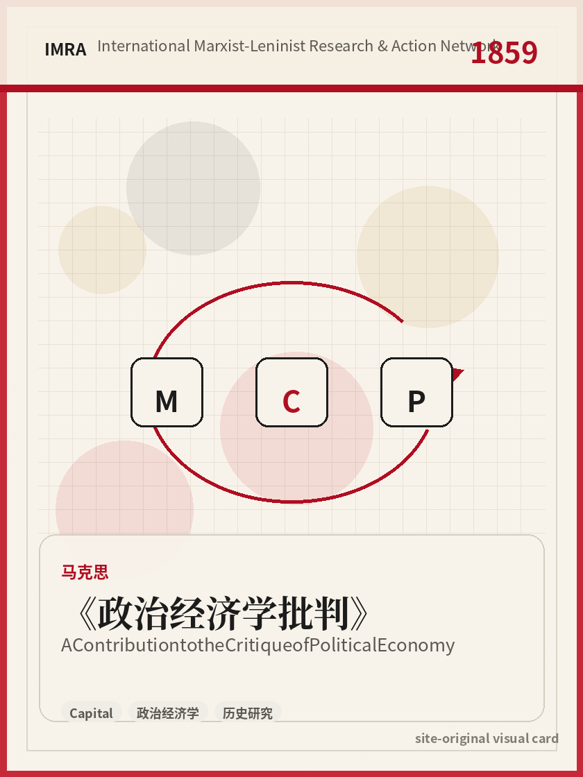 政治经济学批判 站内资料视觉卡，包含作者、年份和主题意象。 / A Contribution to the Critique of Political Economy site-generated reference visual card with author, year, and thematic imagery.