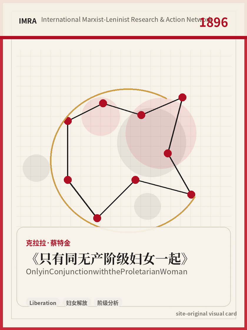 只有同无产阶级妇女一起 站内资料视觉卡，包含作者、年份和主题意象。 / Only in Conjunction with the Proletarian Woman site-generated reference visual card with author, year, and thematic imagery.